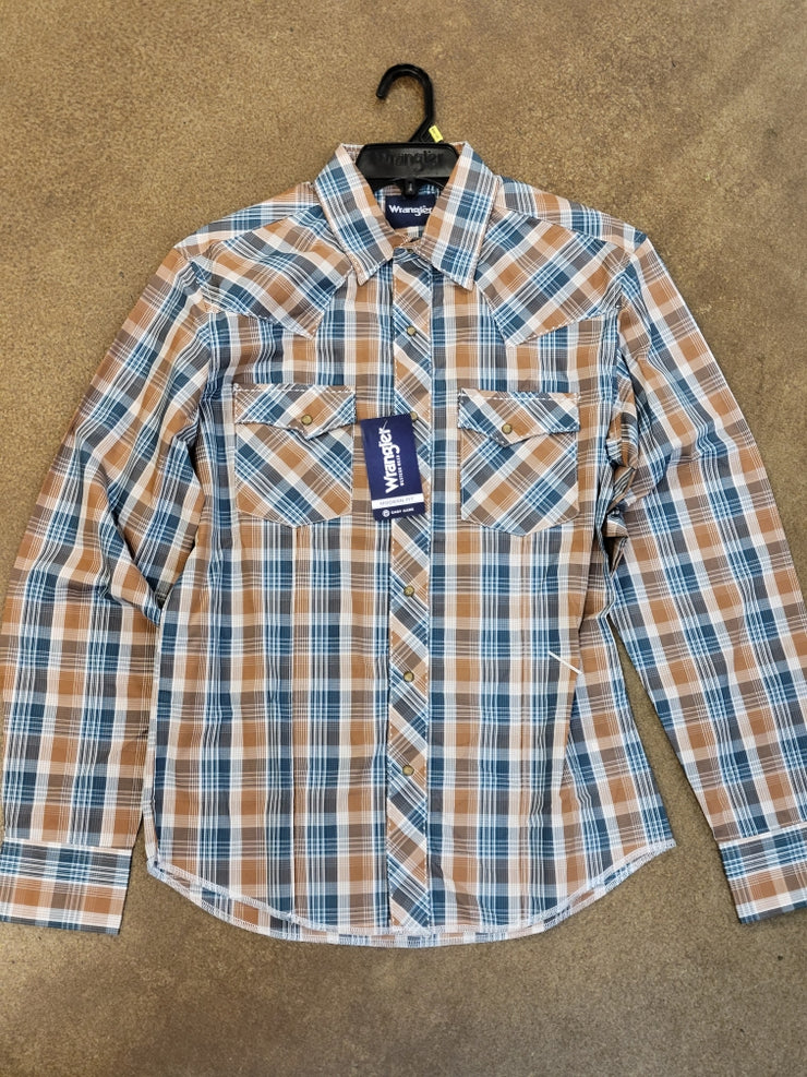 Men's Long Sleeve Fashion Western Snap Plaid Shirt In Brown/Blue